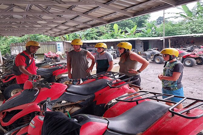 Bali Quad ATV and Rafting Private Adventure - ATV quad riding near rice fields and village tracks, with Mount Batur views